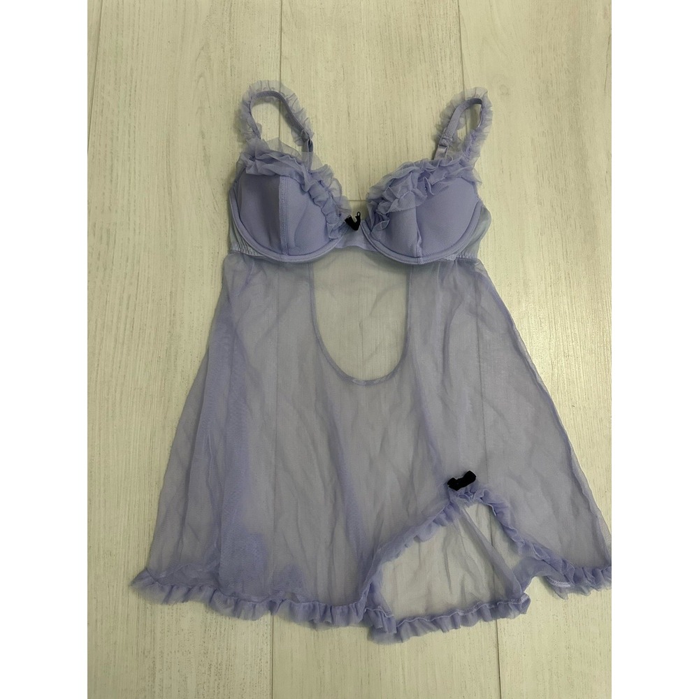 Vintage Victoria's Secret Babydoll Lingerie Sz 34C Purple Tulle‎ / Black Bows